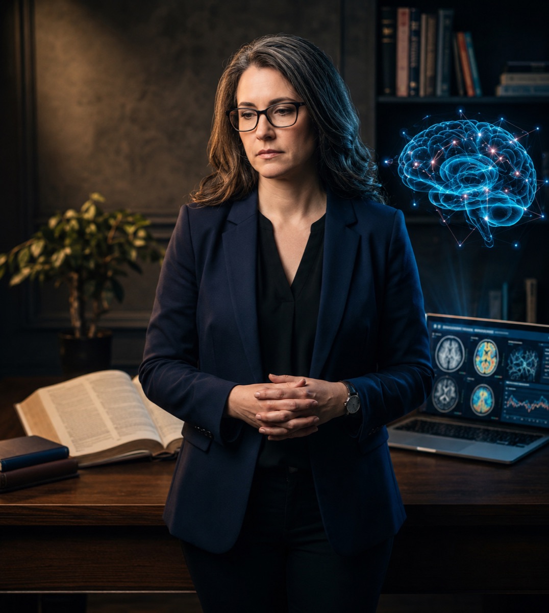 Profissional em pé no consultório, com uma Bíblia aberta sobre a mesa de um lado e imagens de neuroimagem do outro